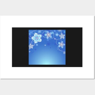 Blue background with silver flowers Posters and Art